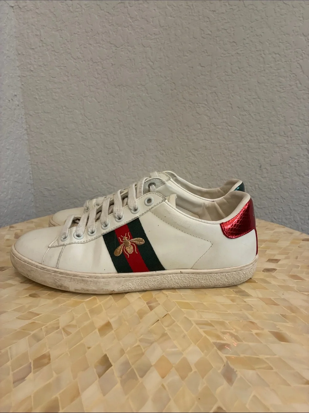 Gucci White Leather Sneakers with Red & Green Stripe and Bee Patch
